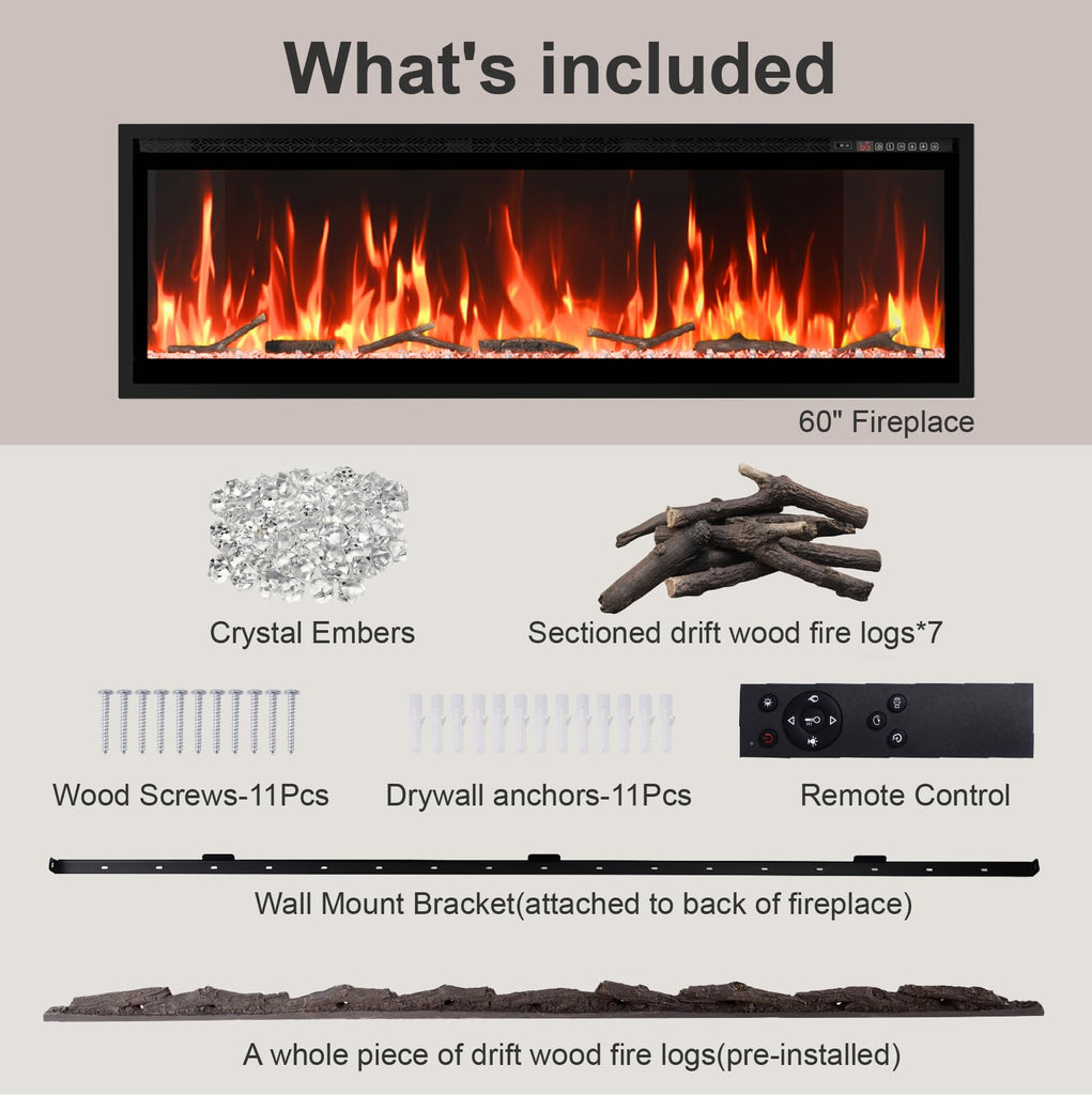 60" Smart Linear Electric Fireplace, WiFi App Voice & Remote Control