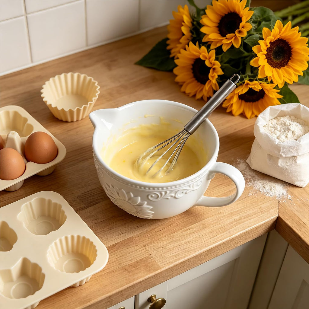 Sunflower Embossed Ceramic Mixing Bowl, 1 Quart Batter Bowl, with Pouring Spout and Handle