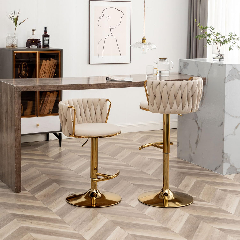 Woven Bar Stools Set of 4, Counter Height Bar Stools with Low Back, Gold Swivel Barstools Island, Bar Pub (Beige)