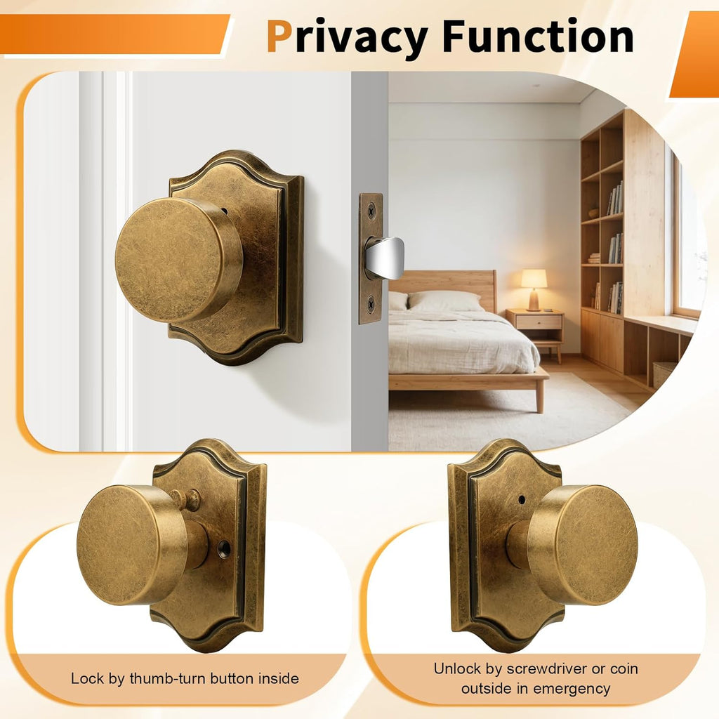 Antique Brass Door Knobs Interior, Privacy Door Knobs Bathroom, Heavy Duty Interior Door Knob with Push Button Lock