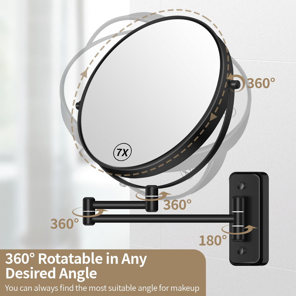 8" Wall Mounted Magnifying Makeup Mirror 1X/7X Wall Mount Mirror Swing Arm Two-Sided 360° Swivel Bathroom Shaving