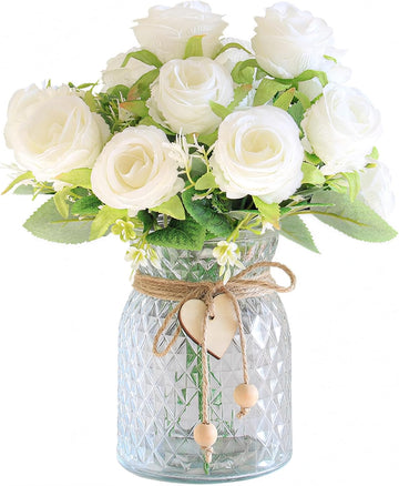 Faux Flowers in Vase, Fake Rose Flowers, Artificial Flowers Decor, Indoor Centerpiece & Dining Table - White - Set of 18