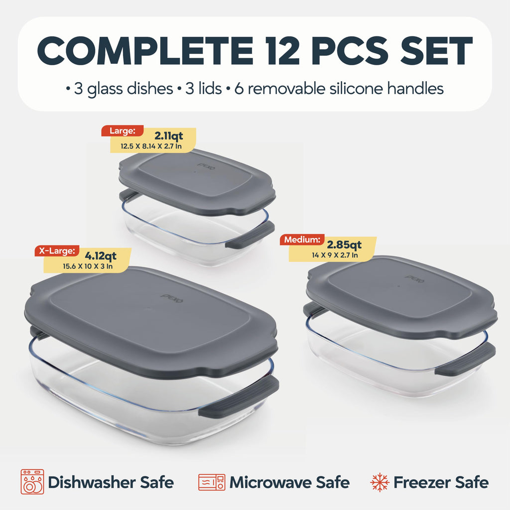 6-Piece Deep Glass Baking Dishes with Lids, Clear Glass Bakeware with Silicone Handles, (2.11QT, 3QT, 4.12QT)