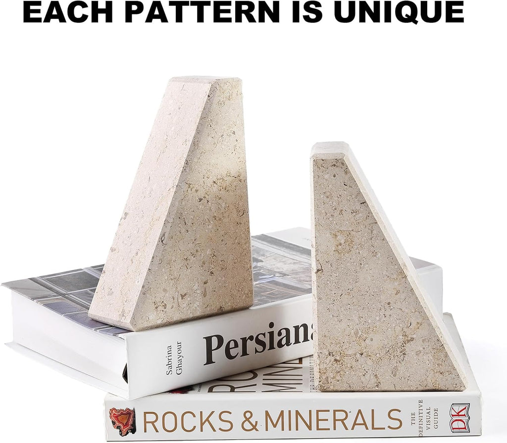Marble Bookends for Heavy Books, Decorative Book Ends for Shelves, Beige Stone Durable and Heavy-Duty Book Ends for