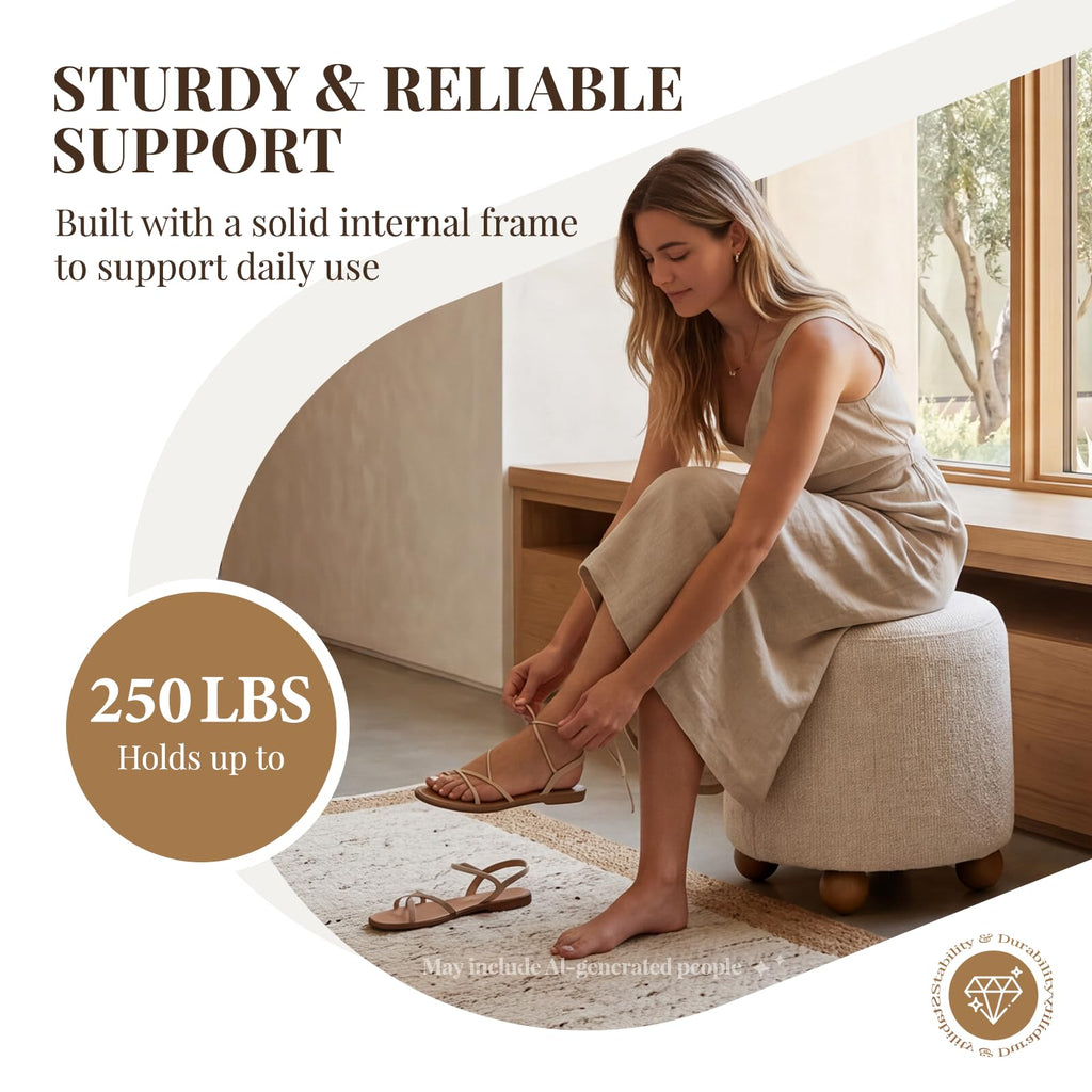 Round Ottoman Linen Foot Stool with Rubberwood Legs