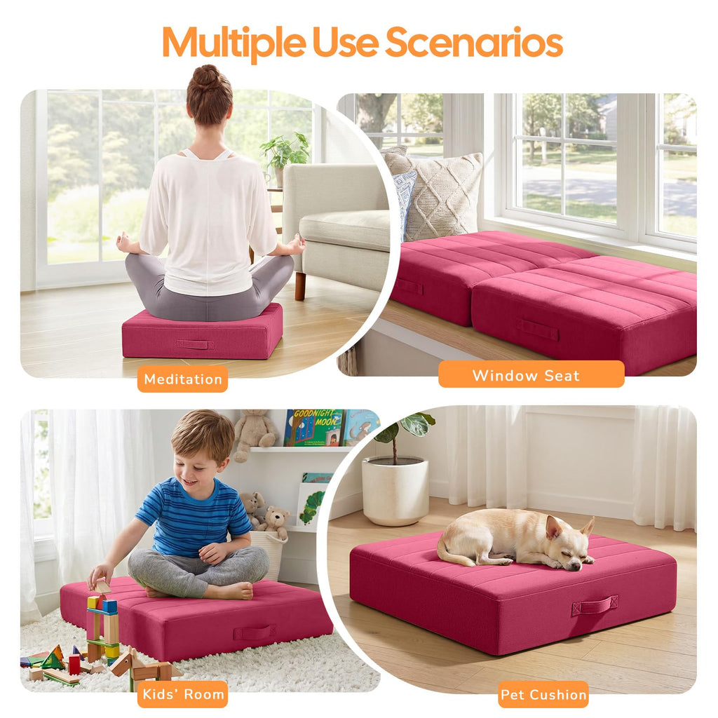 24 Inch Square Floor Pillow for Adults, Wine Thick Foam Cushion