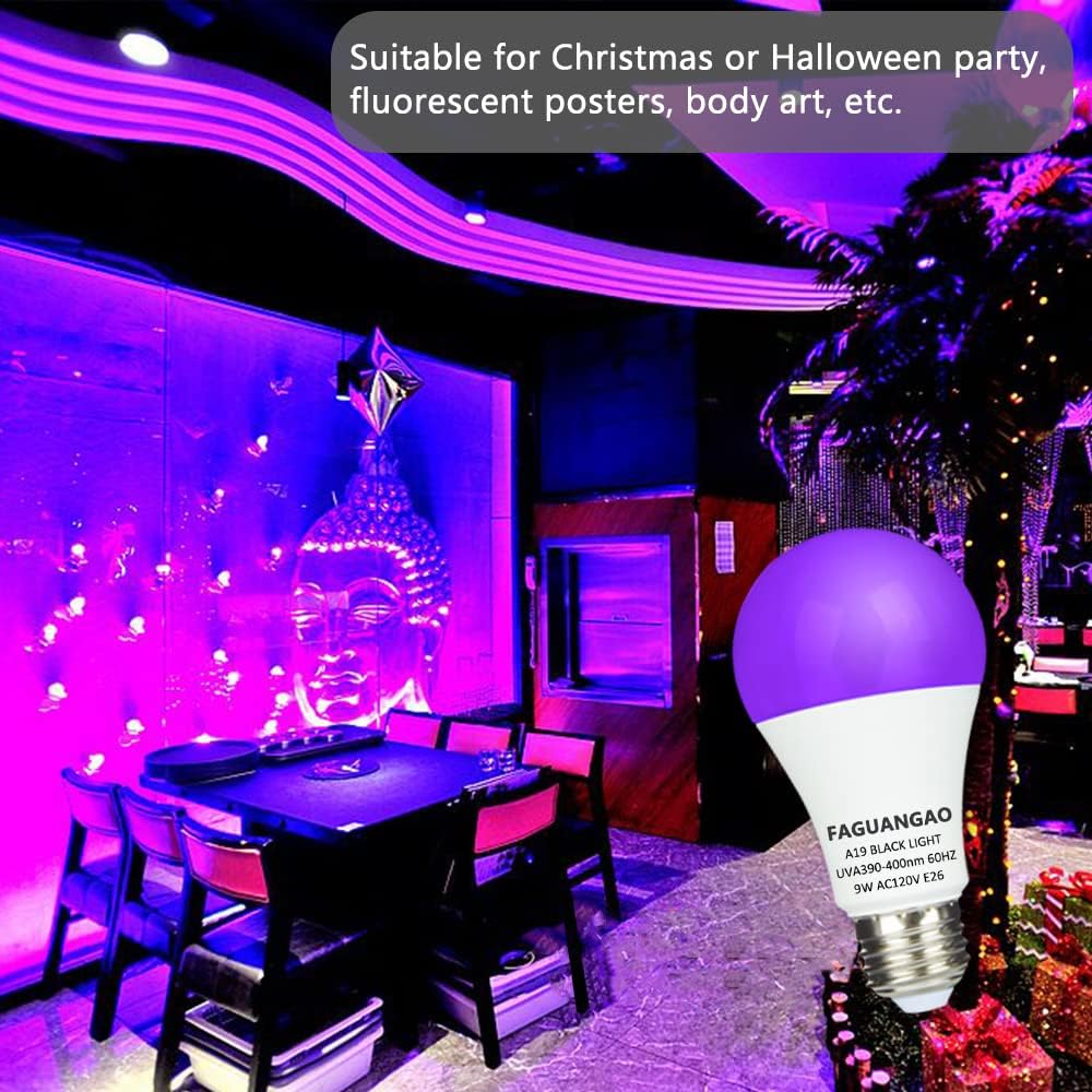 LED Black Light Bulb,9W A19 UV Bulb,120V E26 Medium Base,6 Pack