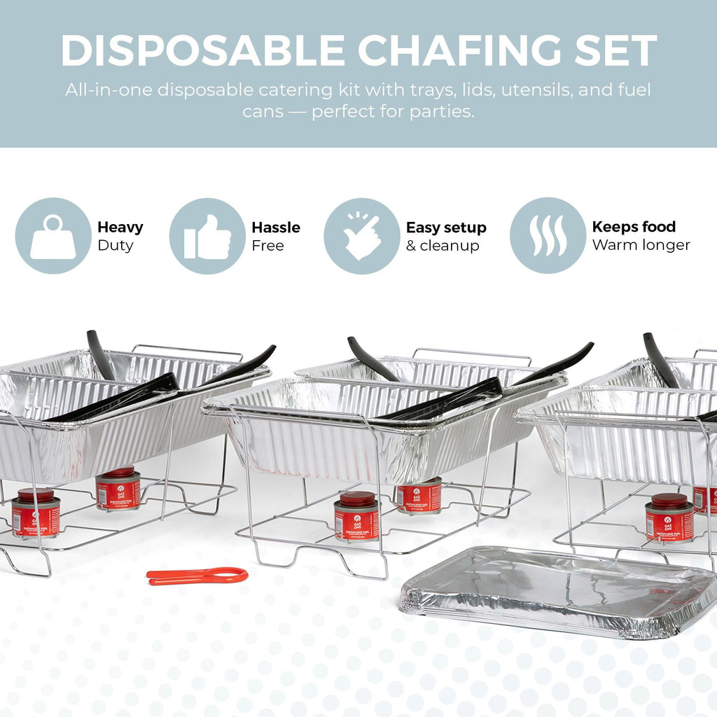 Large Full Size 33-Pcs Disposable Chaffing Buffet with-Covers, Utensils, Fuel Cans - Premium Chafing Dish Set for