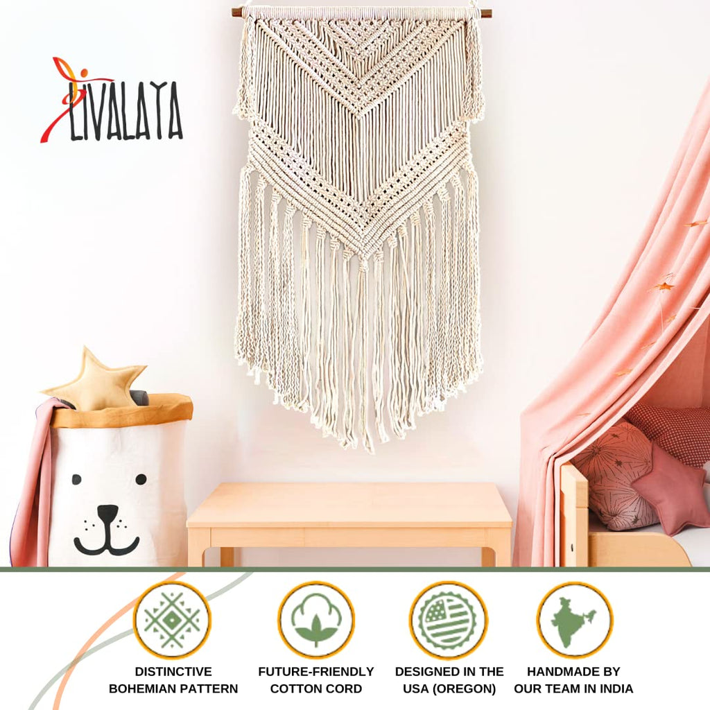 Boho Macrame Woven Wall Hanging Beige 16 x 36 Inch Modern Bohemian Wall Decor