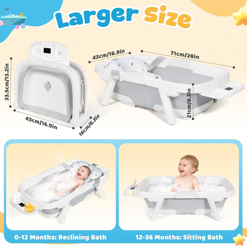 Collapsible Baby Bathtub with Cushion & Thermometer, Large Size,Gray