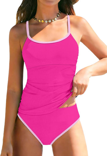 Girls Swimsuit Printed Tankini Contrast Trim 2 Piece Bathing Suit Ruched Girls' Swimwear