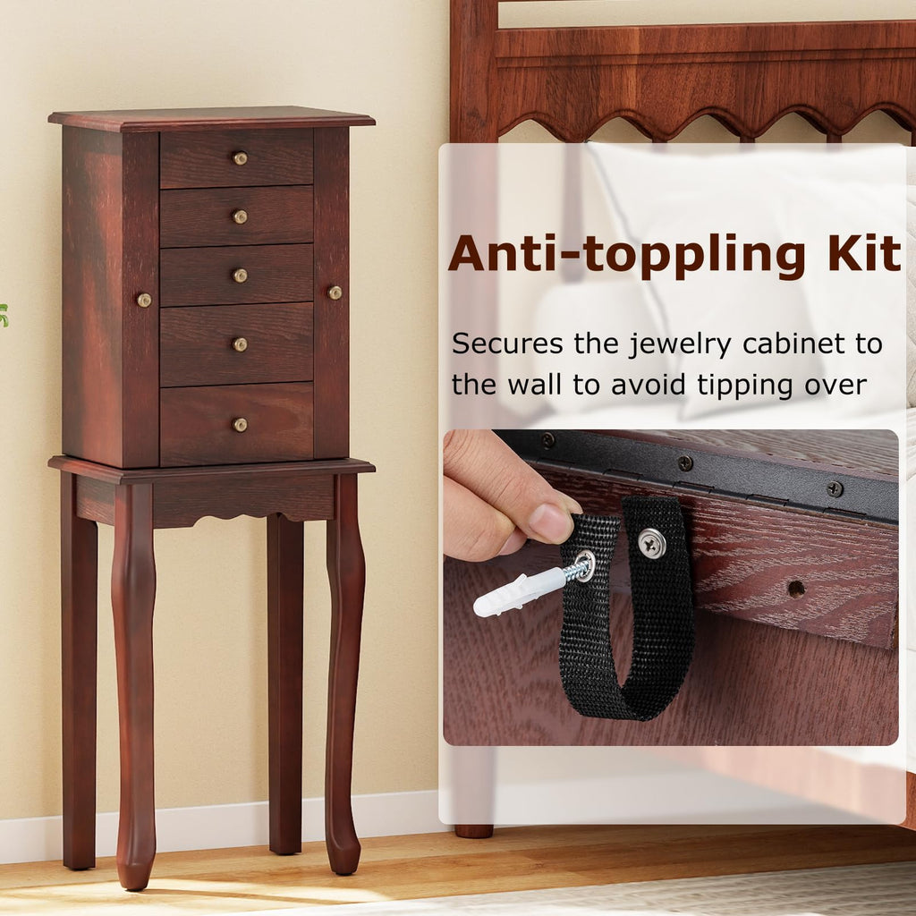 Standing Jewelry Armoire Cabinet with Top Flip Mirror, Jewelry Box Chest with 4 Drawers, Top Compartments, 8 Necklace