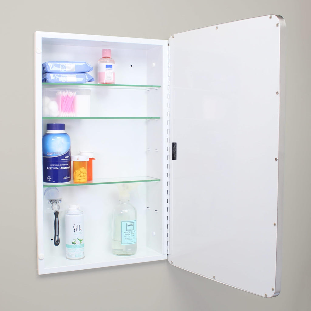 16x26 Austin Farmhouse Metal Framed Rounded Rectangle Recessed Bathroom Medicine Cabinet, Beveled Mirror, 14x24