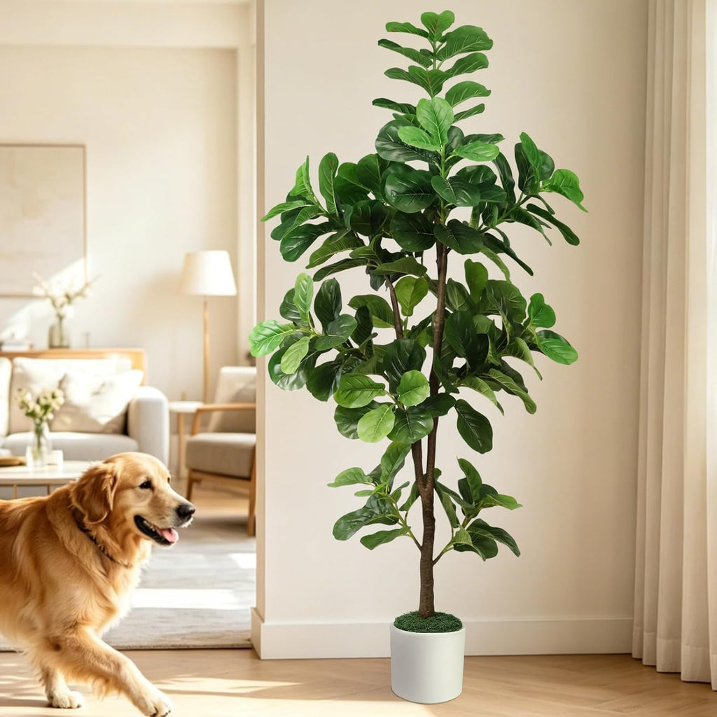 7FT Artificial Fiddle Leaf Fig Tree with White Planter & Fake Moss, Realistic Faux Ficus Lyrata Floor Plant Home