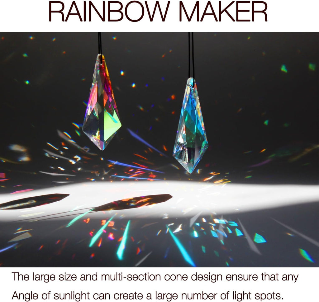 2PCS Cone Crystal Suncatcher Prisms for Windows (Lanky Cone) - AB Color, Transparent, K9 Glass, Rainbow Maker