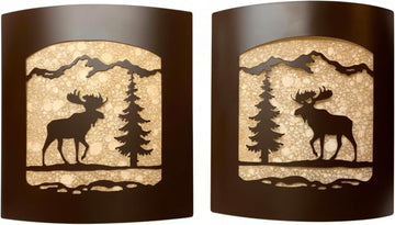 Rustic Moose with Pine Tree Wall Sconce Pair | Frosted Amber Glass, Burnished Bronze Metal, Lodge Cabin Decor