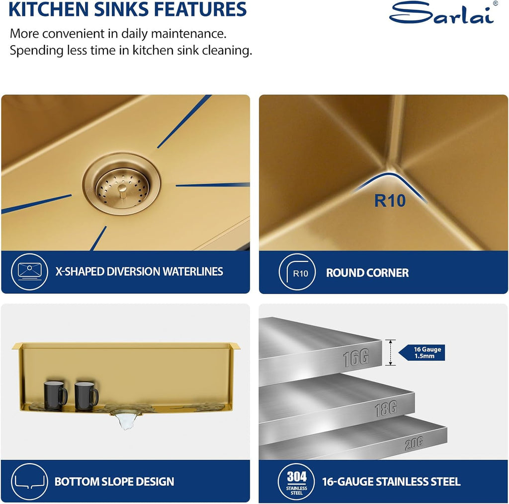 32 Gold Undermount Kitchen Sink 32" x19" Gold Sinks Workstation | 10" Deep 16 Gauge Stainless Steel Single Bowl Round