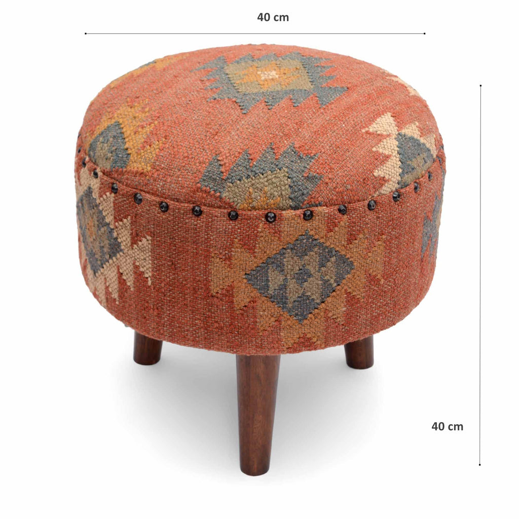 Handmade Kilim Jute Pouf Ottoman Stool | Round Upholstered Seating with Acacia Wood Legs | Decorative Foot Rest