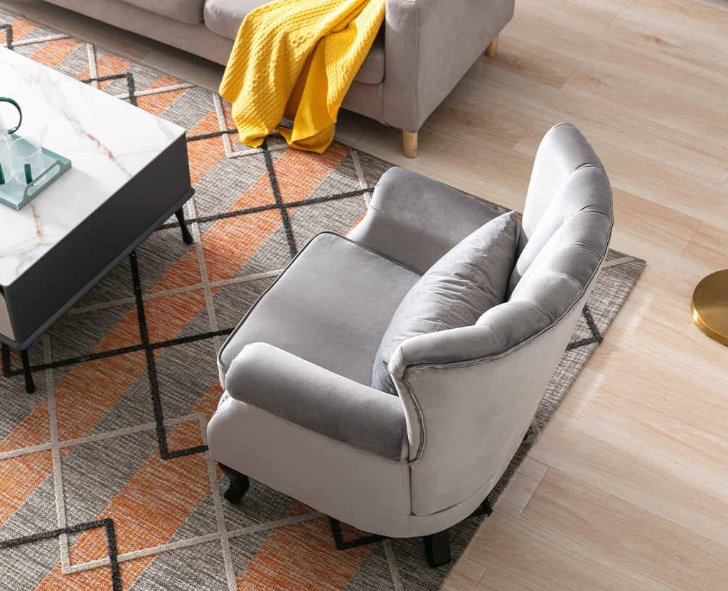 Grey Accent Chair Velvet Wingback Chair with Pillow Nail-Head Channel Tufted Oversized Club Chair Bedroom Guest Room