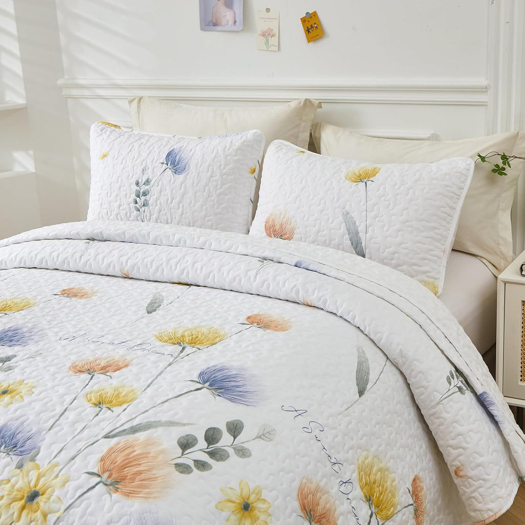 Floral Quilt Set Queen 3 Pieces Blue & Yellow Quilts Bedding Set Bohemian Bedspread Bed Cover Lightweight Spring