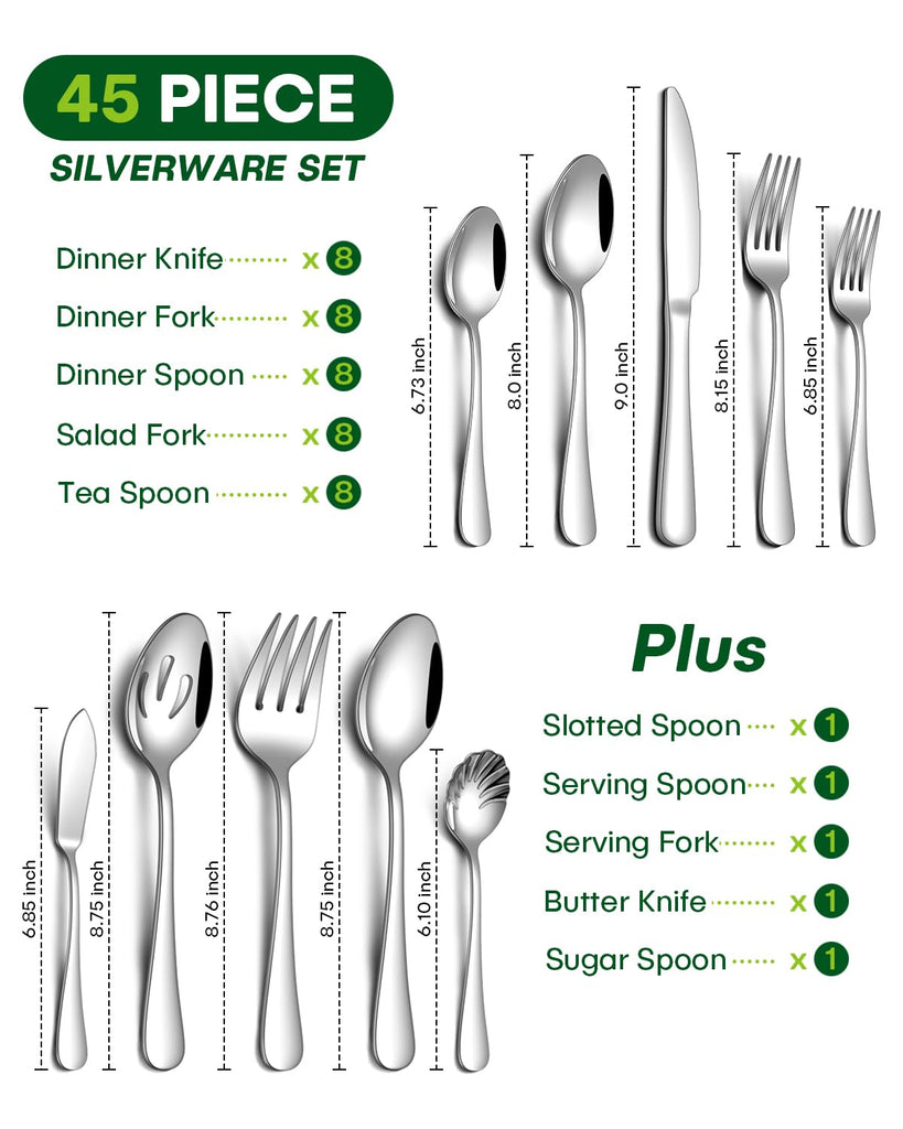 45 Piece Silverware Set with Serving Utensils, Stainless Steel Flatware Set for 8 Food Grade Novelty Flatware Cutlery