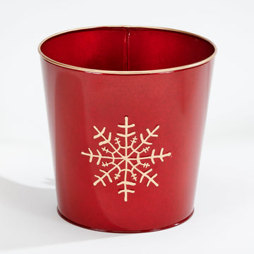 Red Galvanized Metal Christmas Planter Bucket with Snowflake Design, 9.25" Height, 9.5" Diameter, Set of 2