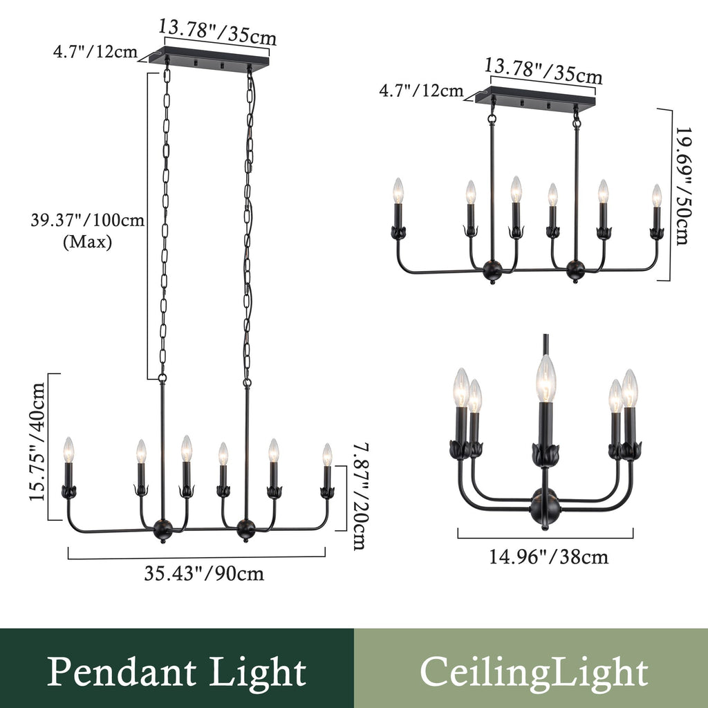 Modern Black 6-Light Linear Chandelier, E12 Base, Adjustable Chain Lighting Fixture Island, Dining Room, or Long Table