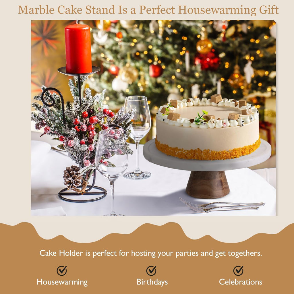 Marble & Acacia Wood Cake Stand - 11 Inch Round Cake Display for Weddings, Birthdays & Parties - Dessert Stand