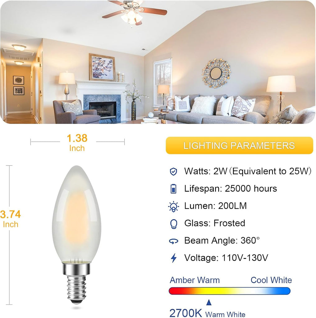 Candelabra LED Light Bulbs 25W Equivalent, E12 Base, 2700K Soft Warm White, Frosted E12 LED Bulb Dimmable, B11