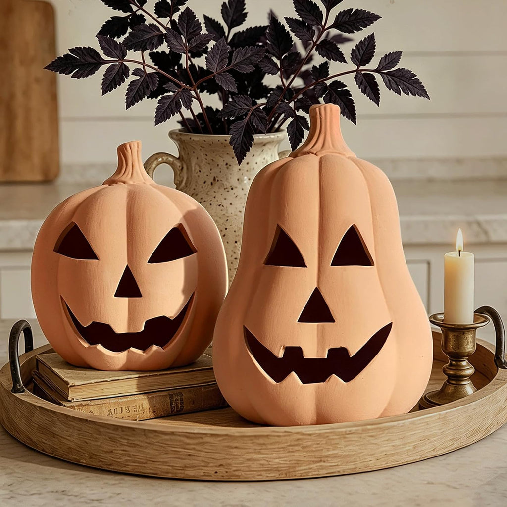 Halloween Decorations Handmade Terracotta Jack O' Lanterns - Set of 2