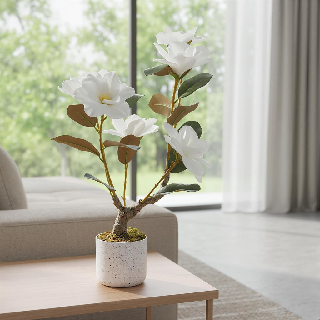 24" Artificial Magnolia Tree in White Planter, Realistic Magnolia Grandiflora with 6 Lifelike Flowers, Fake Potted