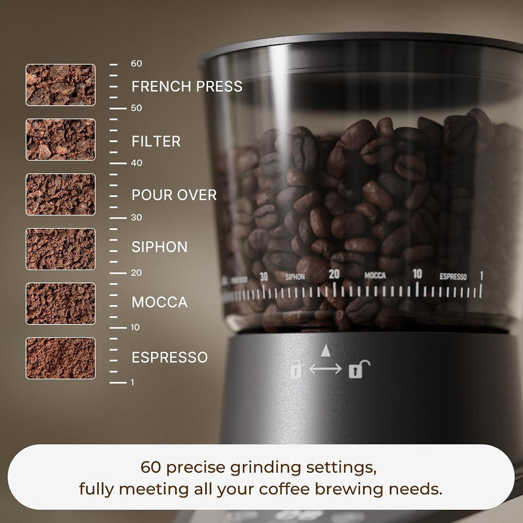 Conical Burr Coffee Grinder with 60 Settings and Touch Screen | 1-60s Timer & 1-8 Cup Dosing, Anti-Static, Removable