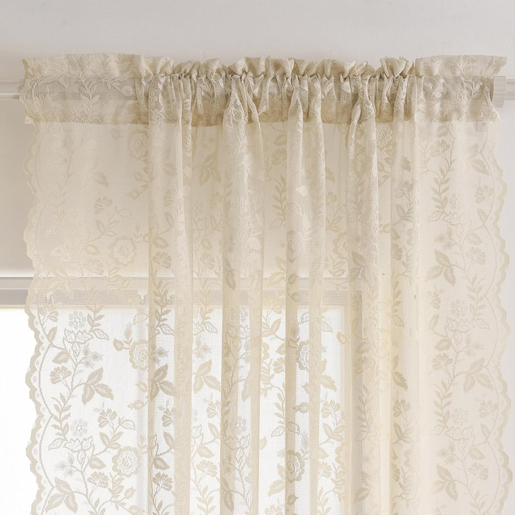 Beige Lace Curtains 36 Inch Length 2 Panels Rusitc Leaf Floral Short Sheer Curtains for Kitchen Window Over Sink, Rod