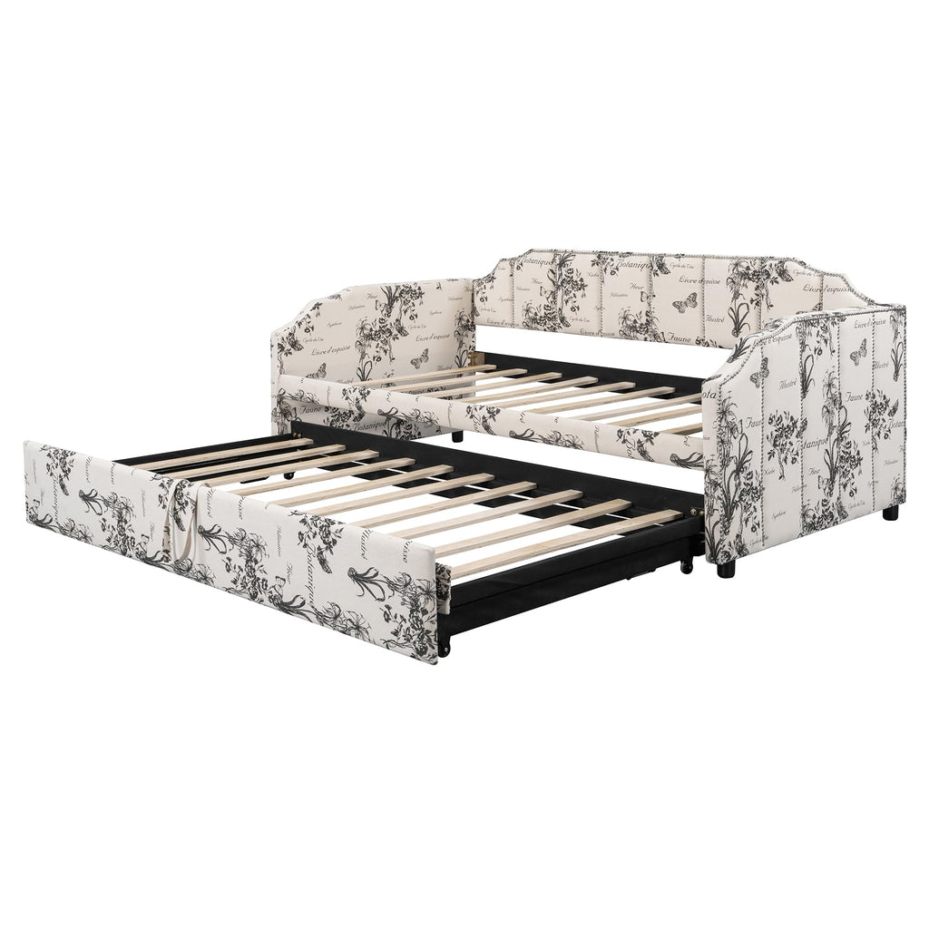 Twin Size Daybed with Trundle, Linen Upholstered Extendable Sofa Bed Frame with USB Ports, Space-Saving Twin to King