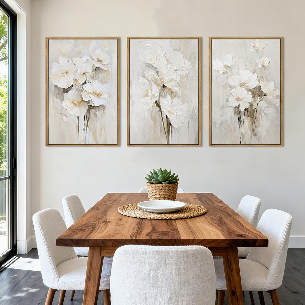 Framed Neutral Beige Floral Wall Art Large 16x24 Inch White Cream Flower Canvas Wall Decor Modern Botanical Farmhouse