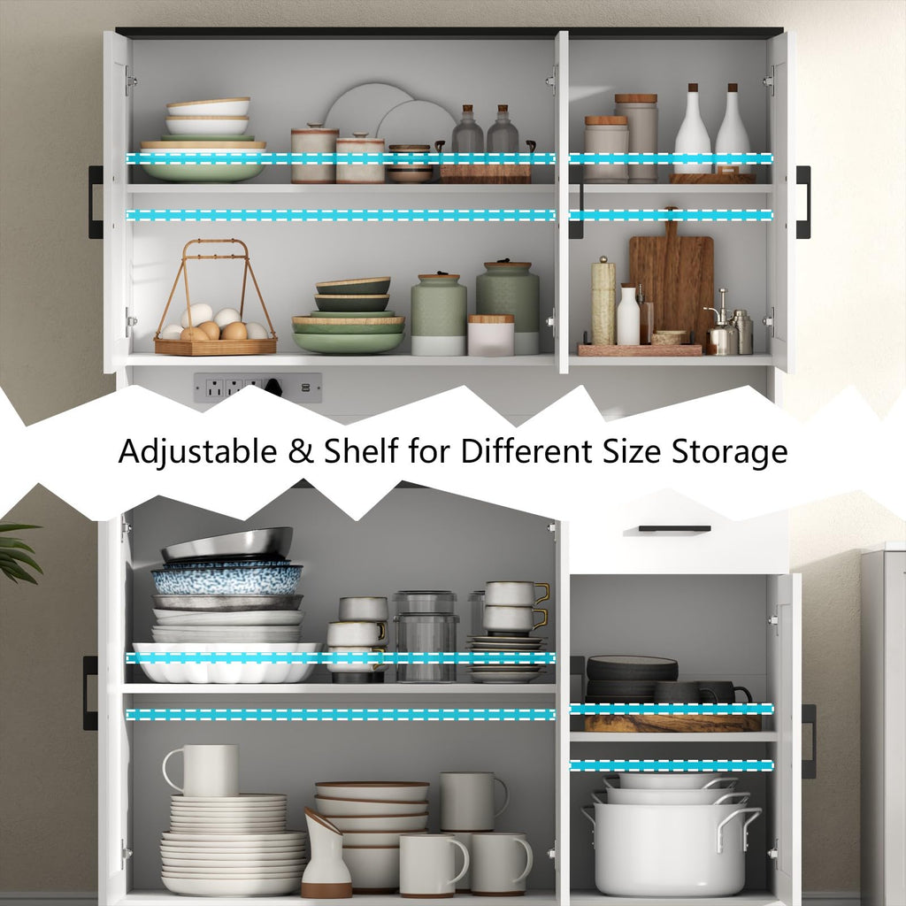 71'' Farmhouse Kitchen Pantry Cabinet, Tall Storage Cabinet with Power Outlet, Freestanding Hutch with Drawer, 4