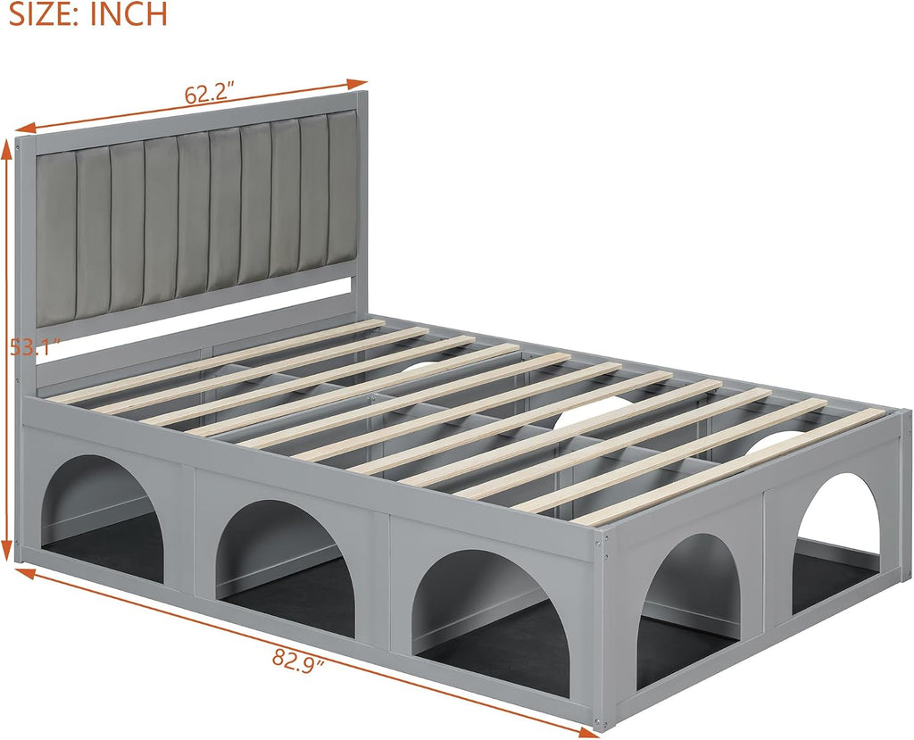 Queen Size Pet-Friendly Platform Bed, with Under-Bed Nook, Heavy Duty Bed Frame, Light Gray