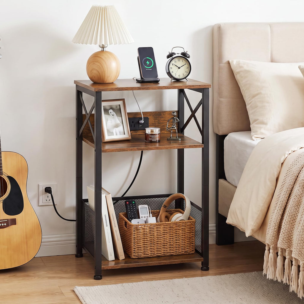 Record Player Stand with Charging Station, Vinyl Record Storage