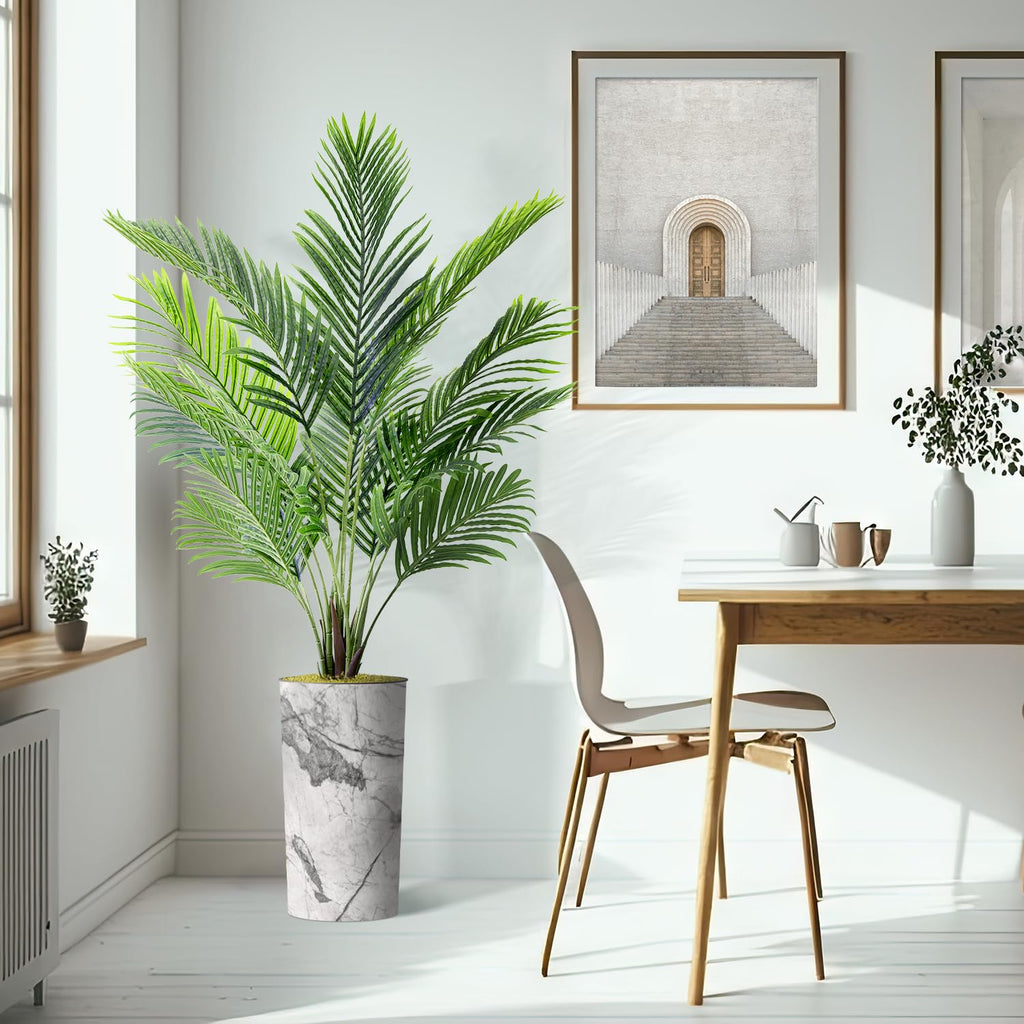 Artificial Tree in Gray Marble Effect Planter, Fake Areca Tropical Palm Silk Tree for Indoor and Outdoor Home