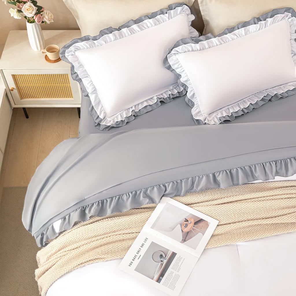 Ruffled Comforter Set White - Double Ruffle White Comforter 5 Piece Vintage Shabby Chic Bedding - Fluffy