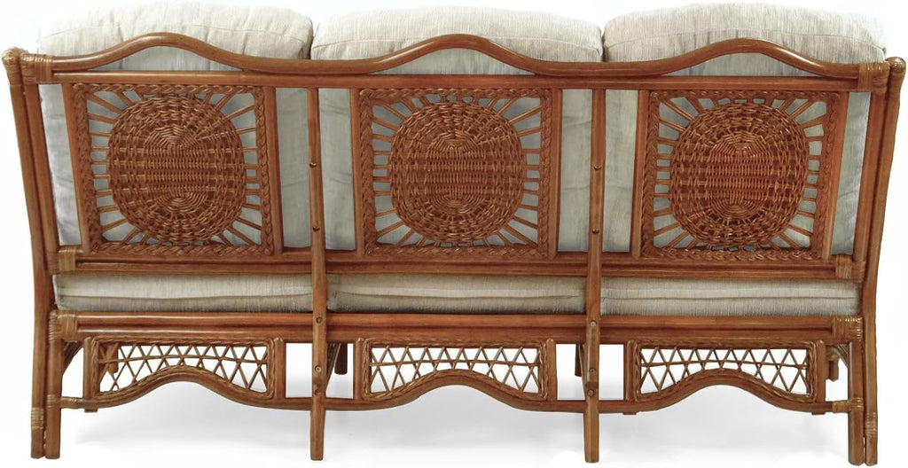 Malibu Lounge Set of 4: 2 Natural Rattan Wicker Chairs, Three-Seater Sofa with Cushions, and Coffee Table with Glass