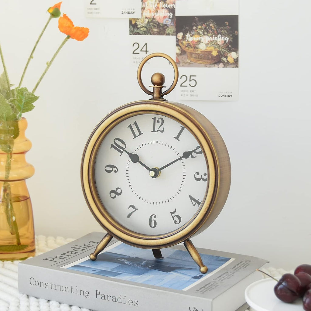 Antique Gold Finish Mantel Clock - Vintage Gold Table Clock on Stand, Decorative Desk and Shelf Clock
