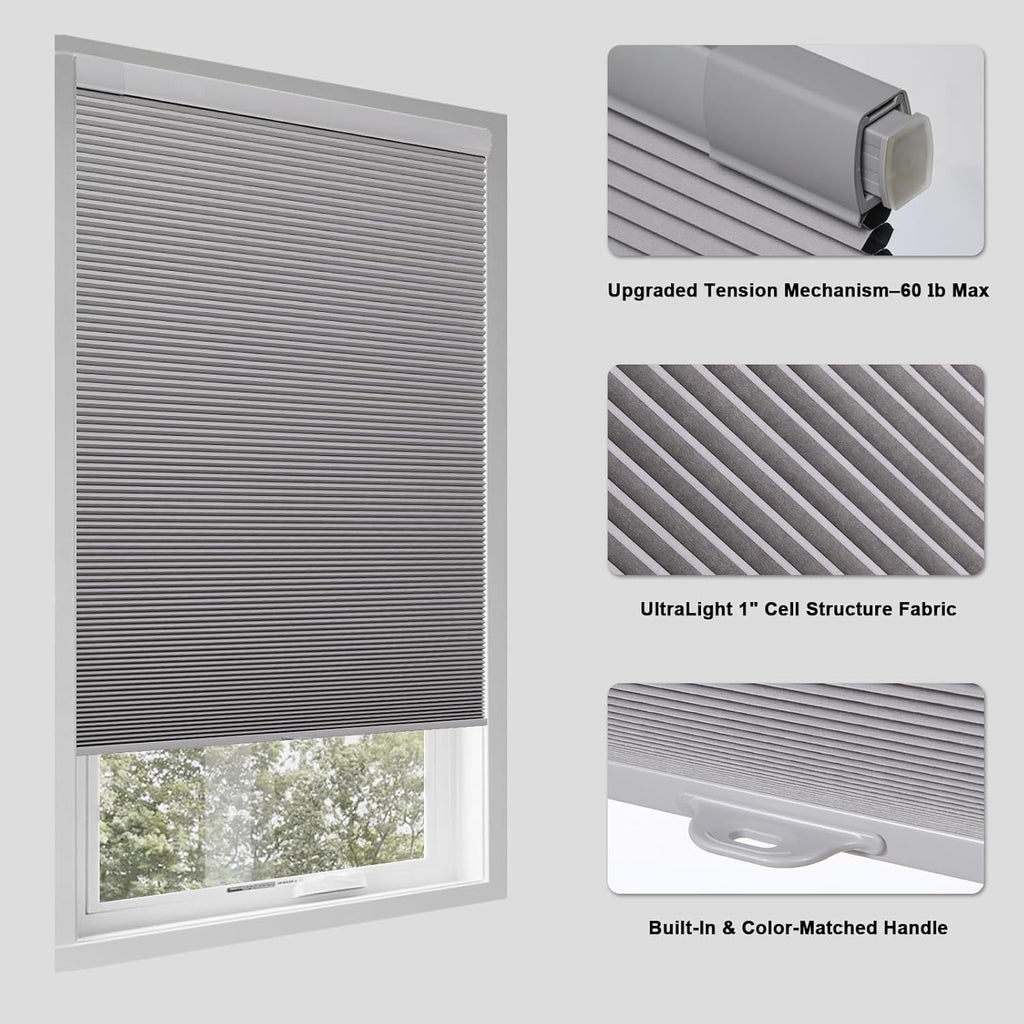 No Drill Cellular Shades for Indoor Windows, Thermal Insulating & Noise Reducing Honeycomb Blinds, Free Stop Cordless