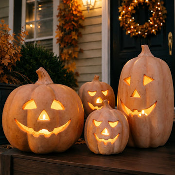 Fall Decor - Halloween Decorations - Handmade Terracotta Pumpkin Jack O' Lantern with Flameless Candle - Vintage