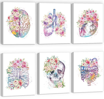 Medical Anatomical Art Set 6(8"x10") Vintage Gothic Human Anatomy Poster, Biology Floral Skeleton Classroom Wall Art