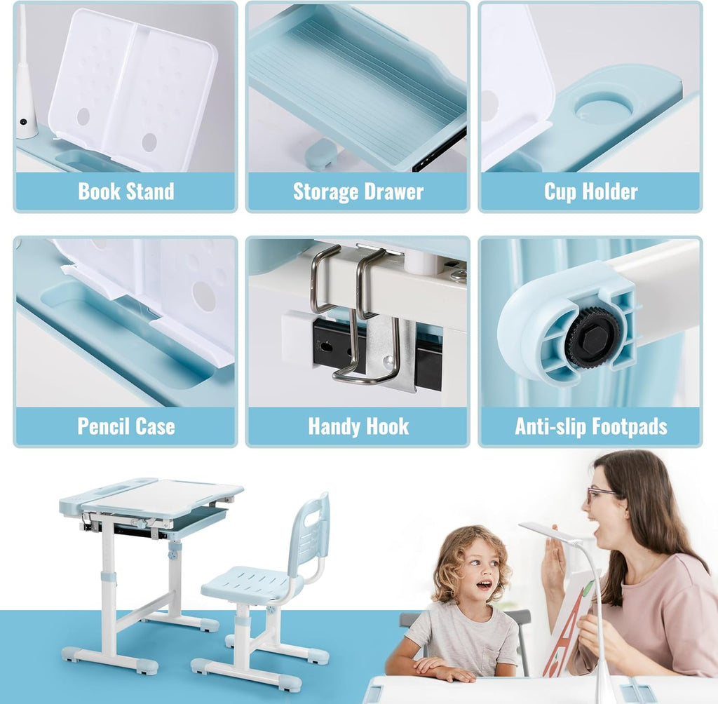 Kids Desk and Chair Set, Height Adjustable Children School Functional Study Desk with 55° Tiltable Desktop, 3 Modes &