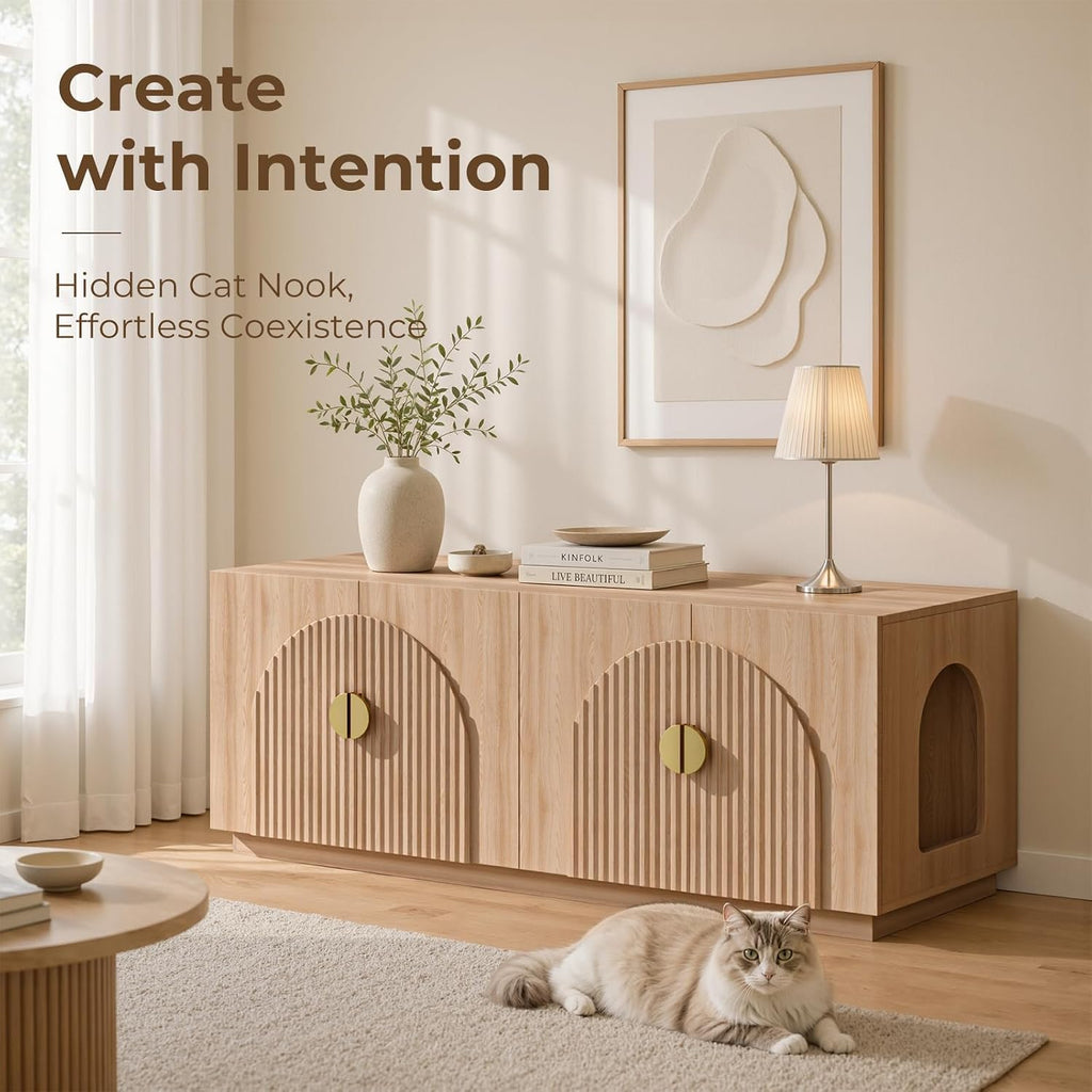 Double Cat Litter Box Enclosure Furniture with Optional Divider