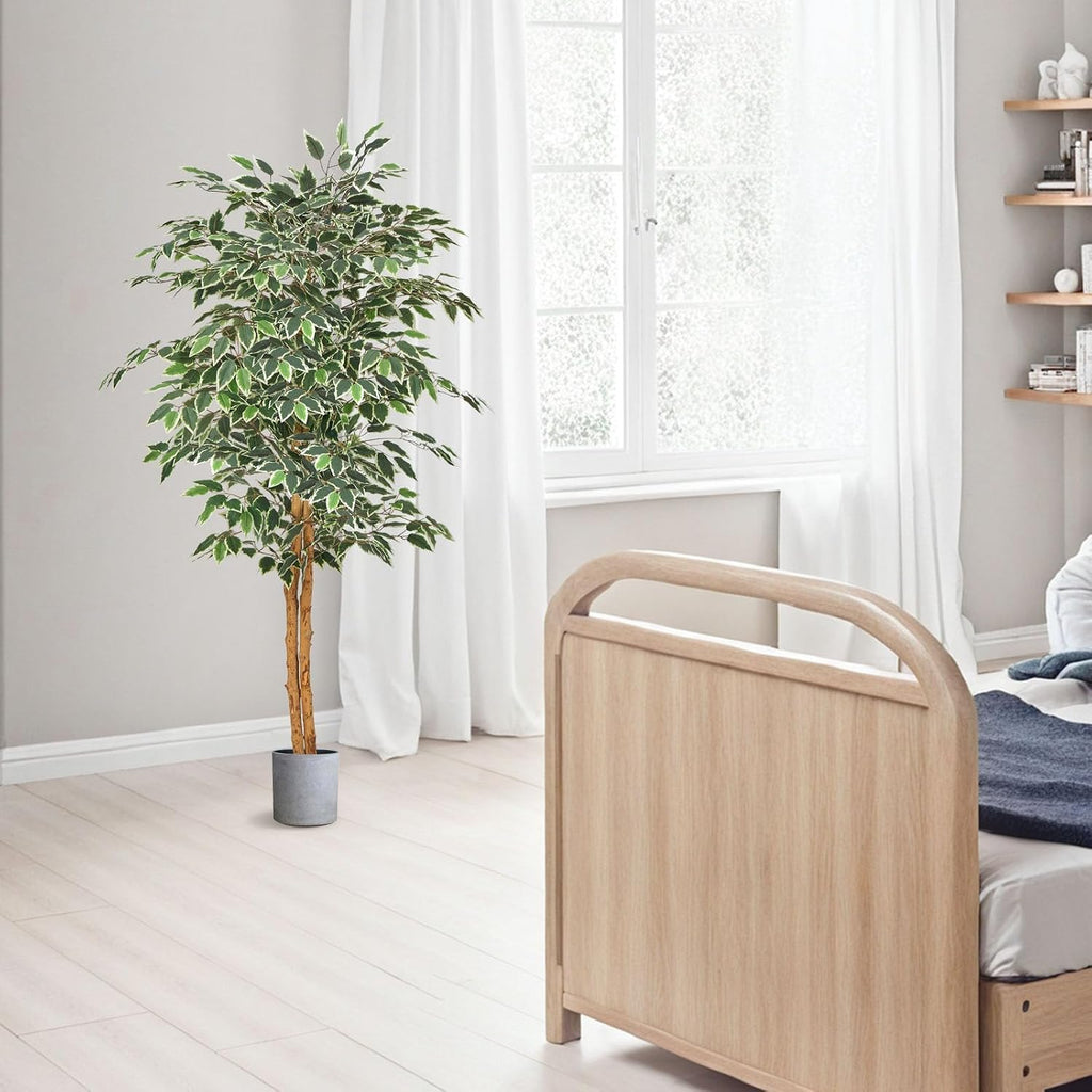 5FT Artificial Ficus Tree with Black Pot, Tall Faux Ficus Plant with Natural Wood Trunk and Realistic Green Leaves