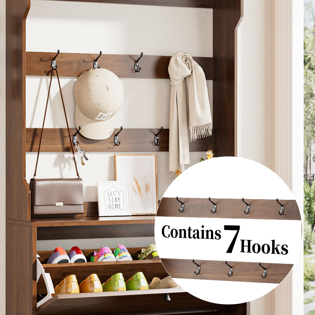 Shoe Storage Cabinet with 2 Fluted Flip Drawers & Coat Rack, Walnut