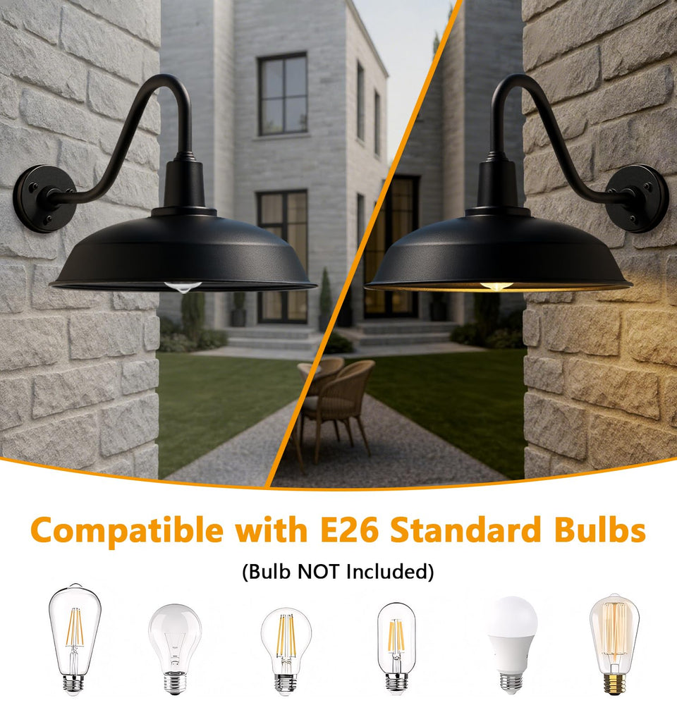 18" Black Outdoor Barn Light, Farmhouse Gooseneck Wall Fixture